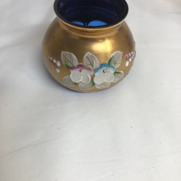 (Rare)Vintage Bohemian Raised Floral Czech Cobalt Blue 24K Gold - Picture 3 of 8
